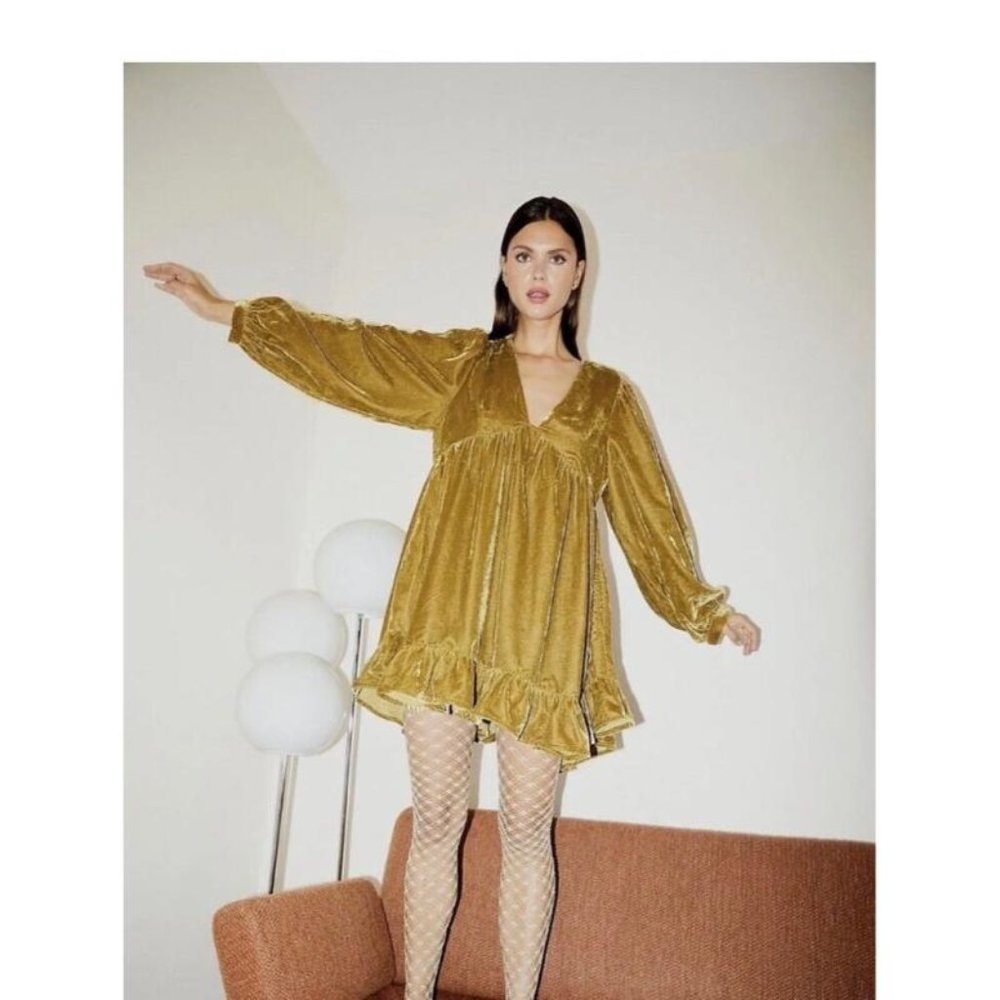 NWT Free People Dress Womens XL Estella Velvet Mini Ruffled Hem Slouchy Moss